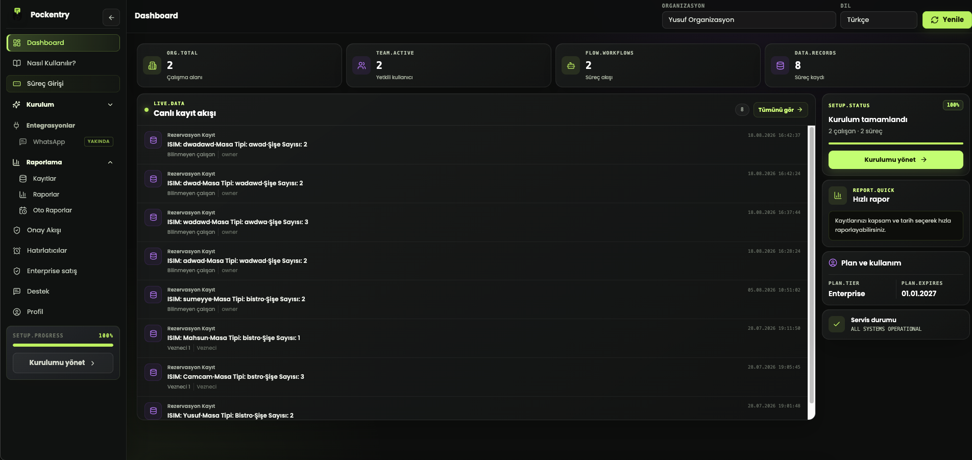 Pockentry dashboard and live record feed