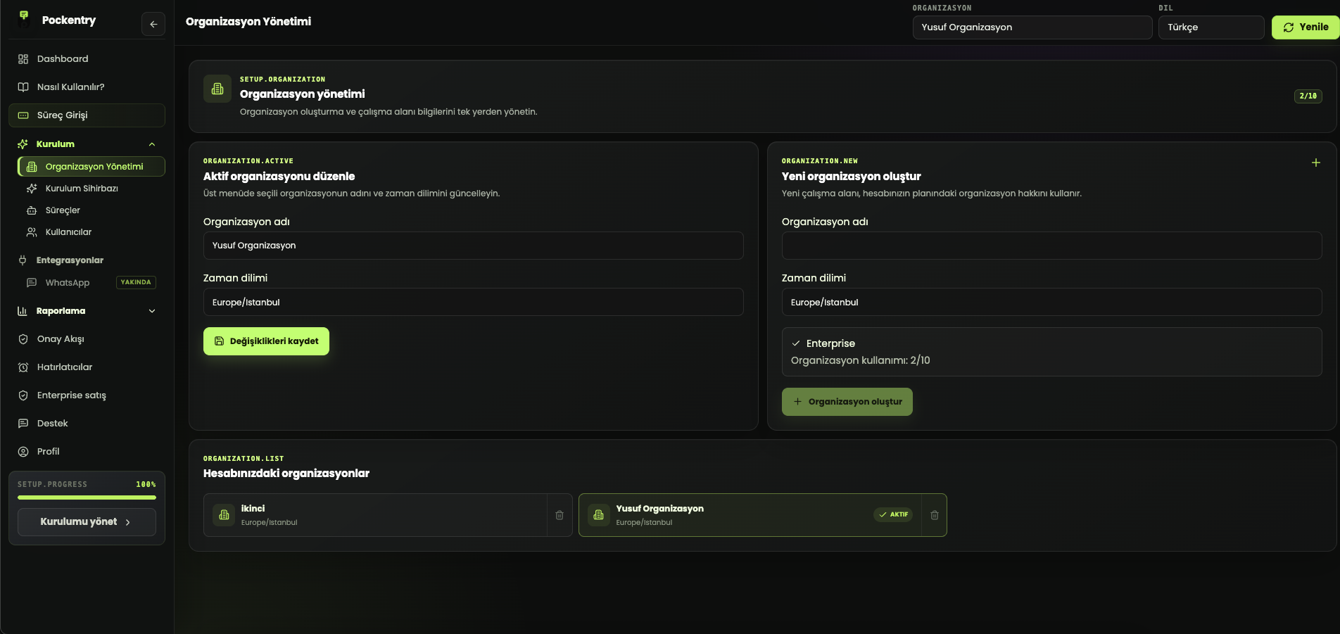 Pockentry organization management screen