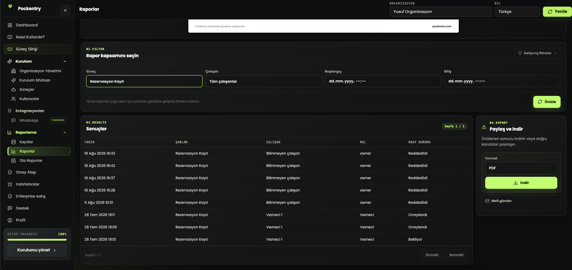 Pockentry reporting and export screen